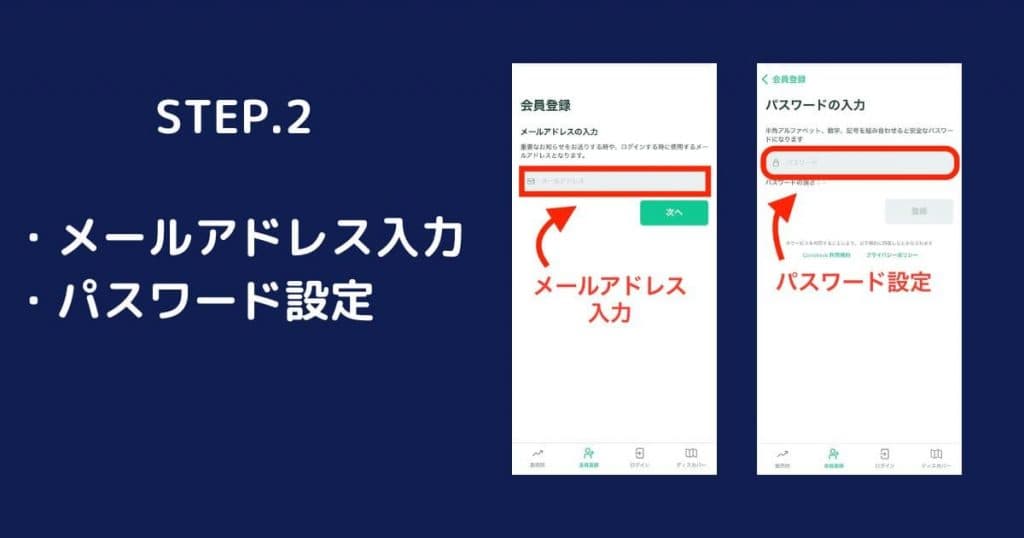 メールアドレス入力とパスワード設定